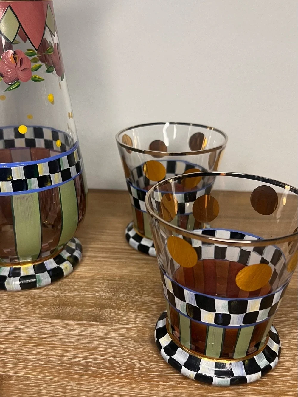 MacKenzie-Childs Hand-Painted 5-Piece Pitcher & Tumbler Set Courtly Check Floral
